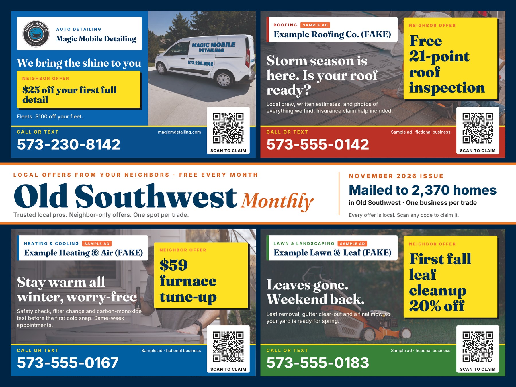 Front of a Neighborhood Card: a 12×9 postcard with four local business ads